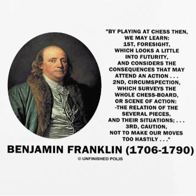 Agenda Jogando Xadrez com Cautela Citação de Benjamin Fra (Franklin's words of wisdom on why everyone should play chess as one can learn a lot from the game)