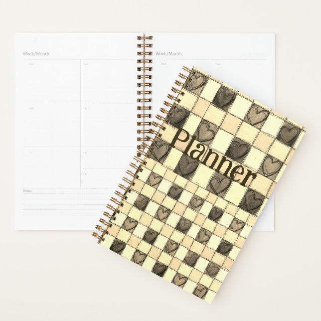 Agenda Khaki tan & creme gingham coração Planner (Exibição)