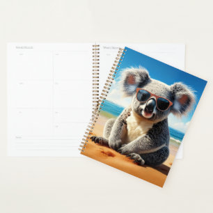 Agenda Koala em uma praia arenosa