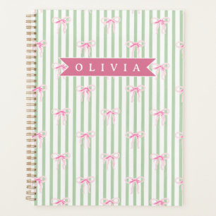 Agenda Laço Rosa Personalizado com Listra Verde Coquette