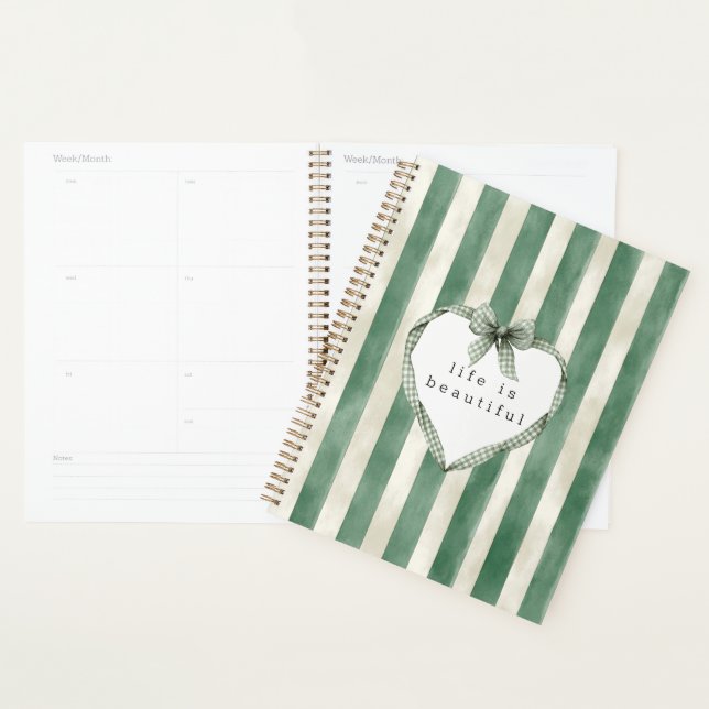 Agenda Laços de Coração com Listras Verde e Creme (Exibição)