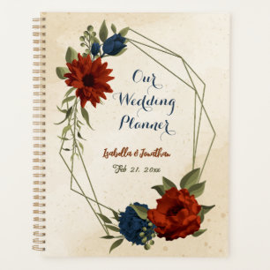 Agenda laranja queimada e floral de casamento azul marinh