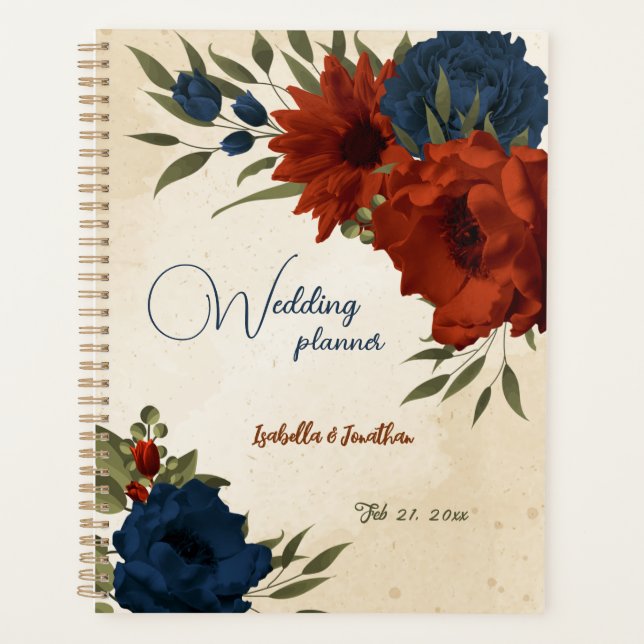 Agenda laranja queimada e marinho azul casamento floral (Frente)