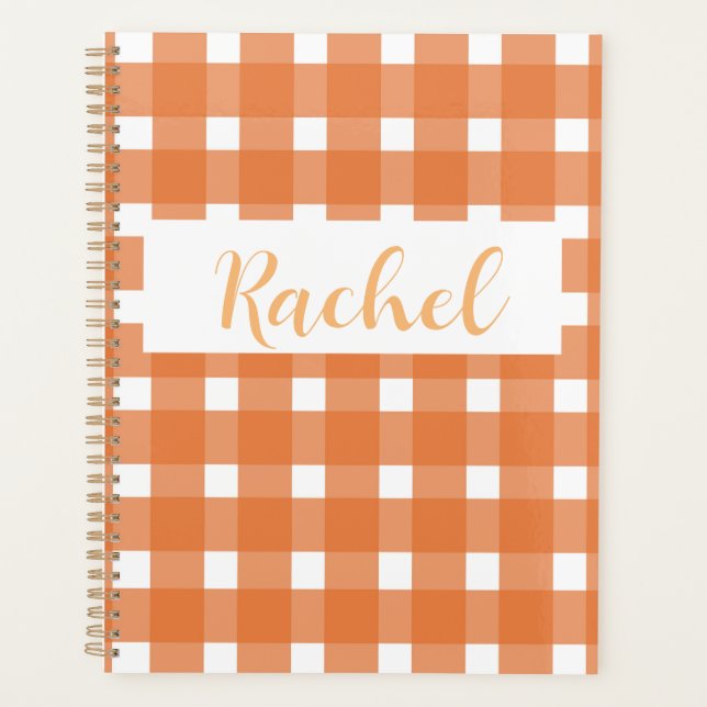 Agenda Laranja White Gingham Personalizado (Frente)