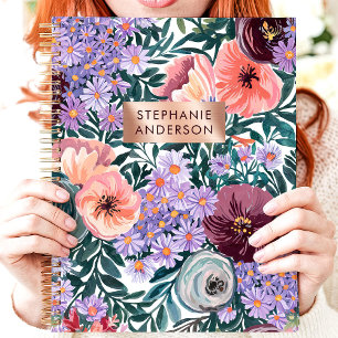 Agenda Lavanda e Rosa Claro Nome Personalizado Flor Silve