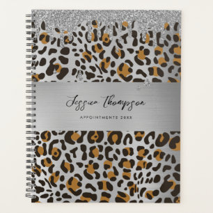 Agenda Leopard Animal Print Cinzas Glitter De Prata