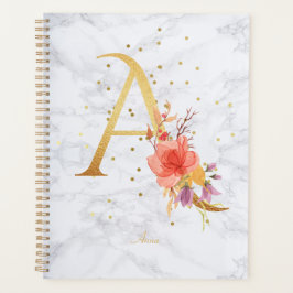 Agenda Letra A de Monograma Dourado em Aquarela de Mármor