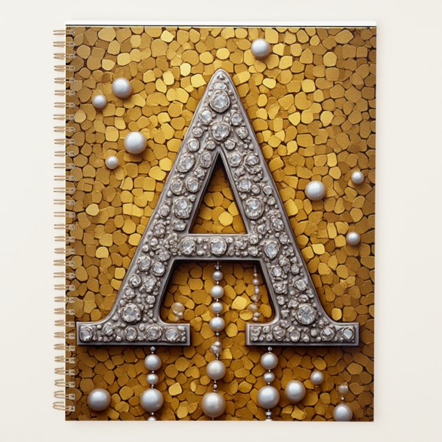 Agenda Letra A Encrustada com Joias em Fundo de Mosaico D (Frente)