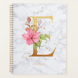 Agenda Letra E de Monograma Dourado em Aquarela de Mármor