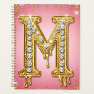 Agenda Letra M Brilhante Dourada Com Diamantes