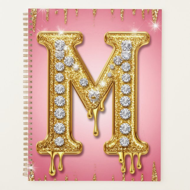 Agenda Letra M Com Diamantes e Brilho Dourado (Frente)