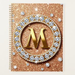 Agenda Letra Monograma M em Fundo de Brilho Dourado Rosa