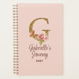 Agenda Letra Personalizada G Dourado Folha Blush Rosas Co