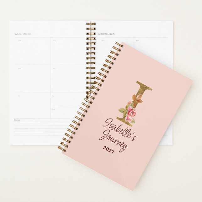 Agenda Letra Personalizada I Dourado Folha Rosa Bege Rosa (Exibição)