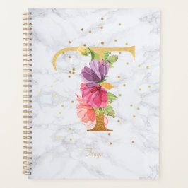 Agenda Letra T de Monograma Dourado em Aquarela de Mármor