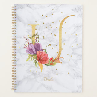 Agenda Letra U Monograma Dourada Aquarela Mármore Moderno