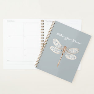 Agenda Libélula Cinza Azul Bronze Branco