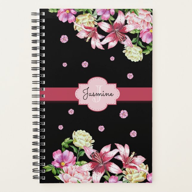 Agenda Lily & Peony Floral Black Personalizado (Frente)