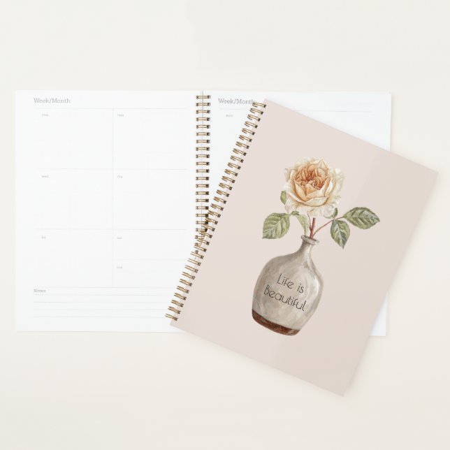 Agenda Linda Flor de Rosa Bege em Vaso (Exibição)