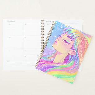 Agenda linda garota brilhante com cabelo arco-íris do c