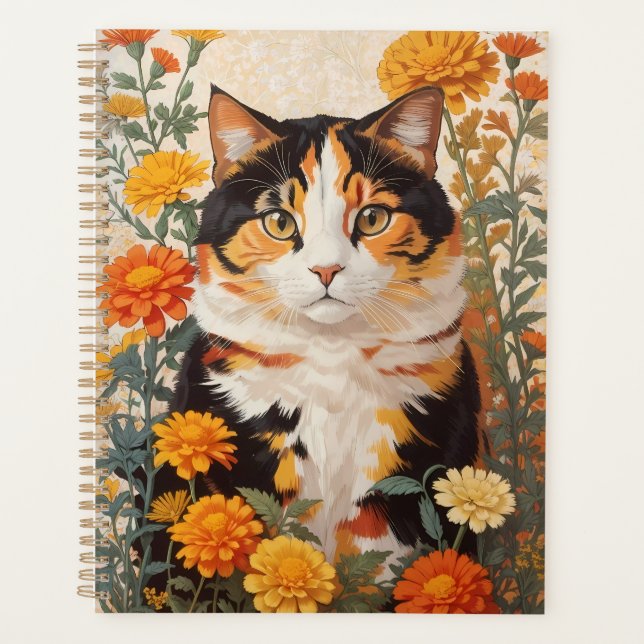Agenda Linda Gato Calico Com Flores Marigold (Frente)
