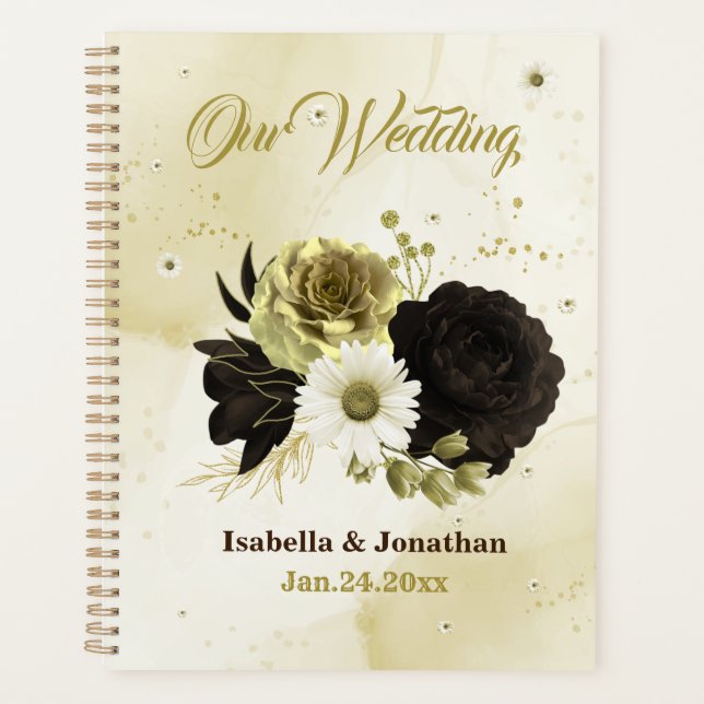 Agenda Linda marfim marrom e flores douradas casamento (Frente)