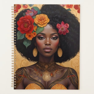 Agenda Linda Mulher Afro-Americana Com Flores