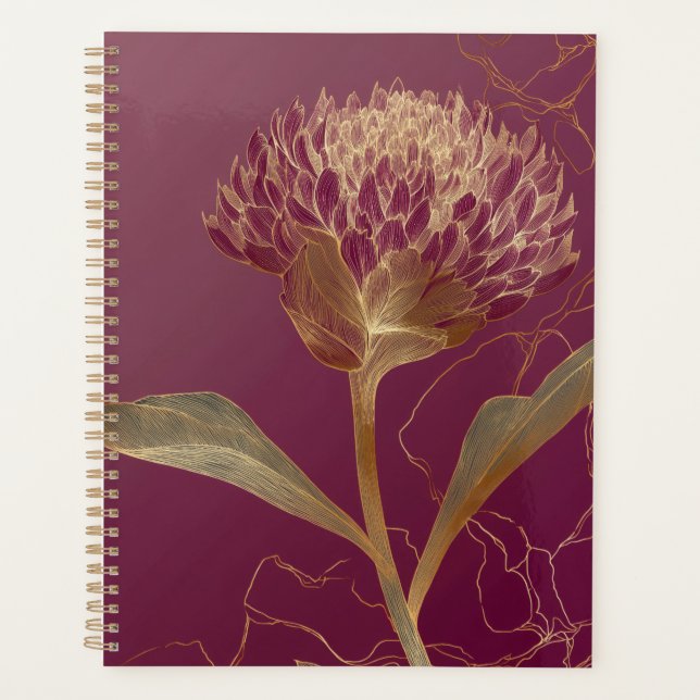 Agenda Linha de Flores Botânicas Douradas Vermelho Intens (Frente)