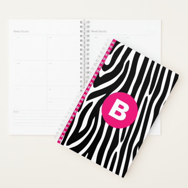 Agenda Listras Clássicas de Zebra Monograma Rosa Vibrante (Exibição)