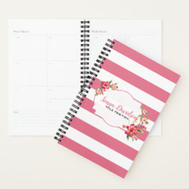 Agenda Listras Cor-de-Rosa E Brancas Elegantes com Flores