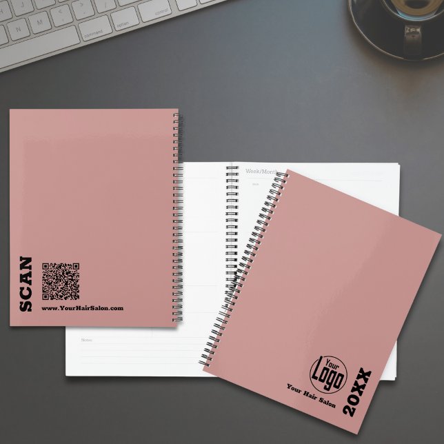 Agenda Livro de Compromissos do Salão de Cabelo Preto Sim (Simple Pink Black Hair Salon Appointment Book Planner - Logo - Year - Company - QR code - www)