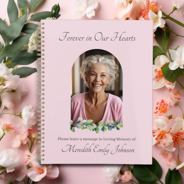Agenda Livro de Convidados de Fotos Funerais Florais de C (Funeral Guestbook. Soft Pink with floral watercolors and custom photo)