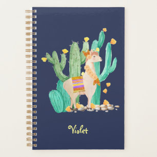 Agenda Llama e Cacto Aquarela Azul Personalizado