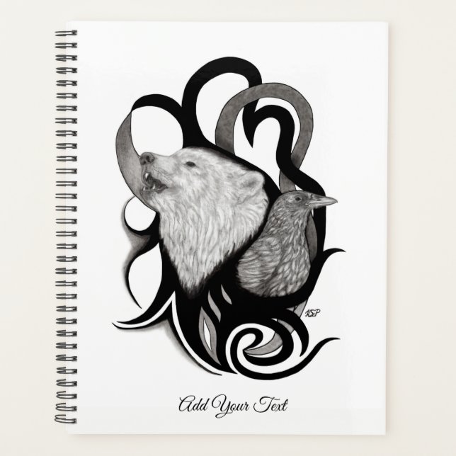 Agenda Lobo Branco com Arte Tribal Raven (Frente)