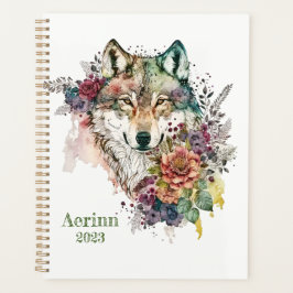 Agenda Lobo Colorido e Florais Aquarela na Natureza