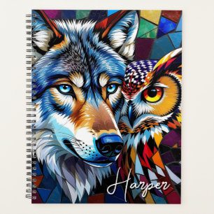 Agenda Lobo e Coruja Vibrante e Colorido Personalizado