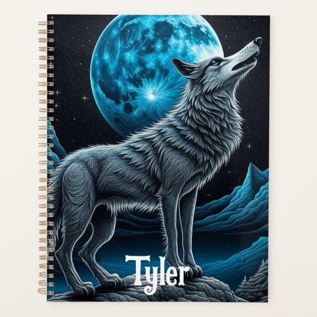 Agenda Lobo em Pé na Frente da Lua Cheia | Arte de IA (Frente)