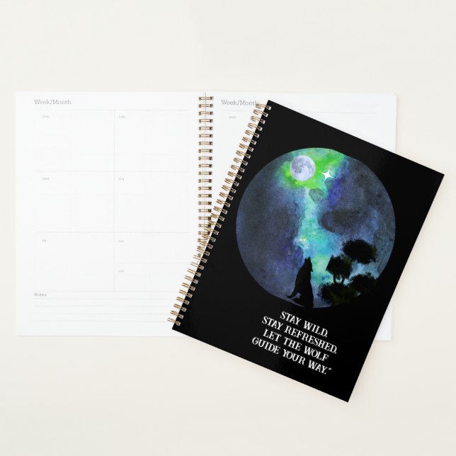 Agenda Lobo fofo sob a lua no céu \romântico aquarela (Exibição)