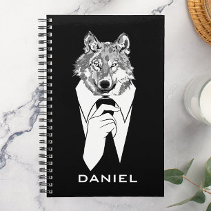 Agenda Lobo Hipster Engraçado com Tuxedo Preto Personali