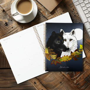Agenda Lobos Preto Branco Luar Folhas de Outono