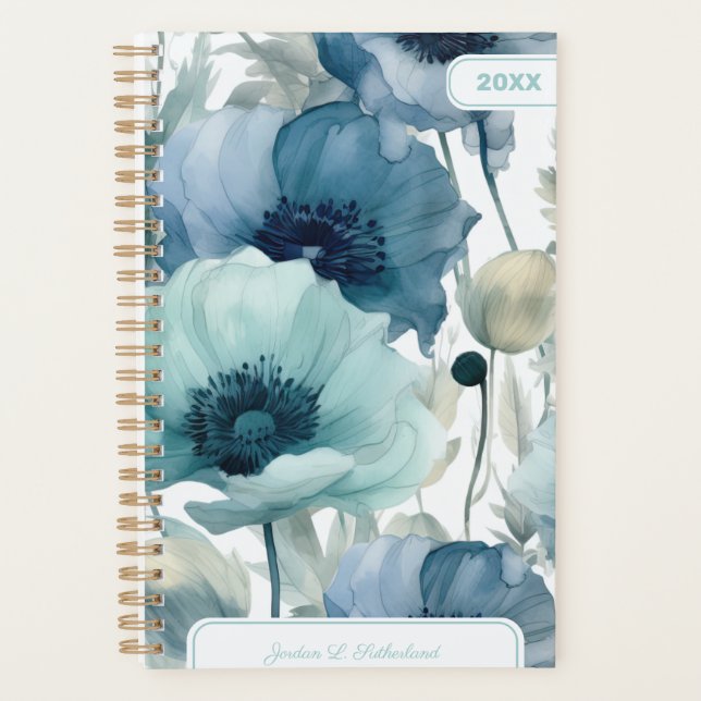 Agenda Logo Personalizado Floral Azul Aquarela Bonito (Frente)