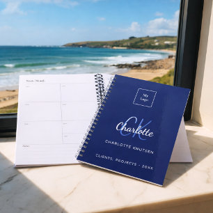 Agenda Logotipo comercial monograma branco azul marinho