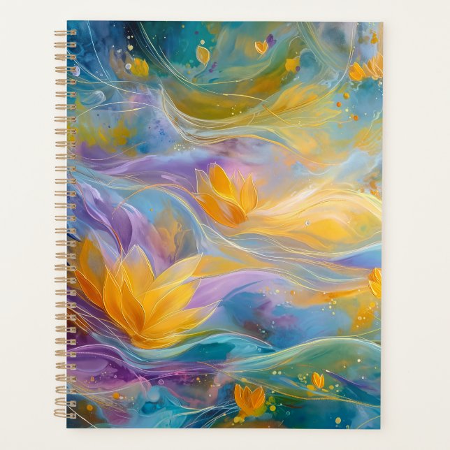 Agenda Lótus Dourado Abstrato Flores Flutuantes (Frente)