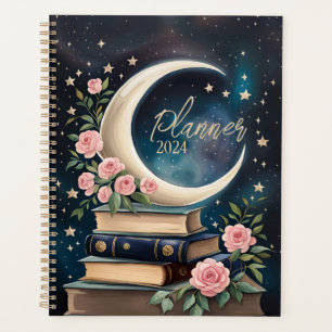 Agenda Lua Crescente Celestial com Livros e Rosas