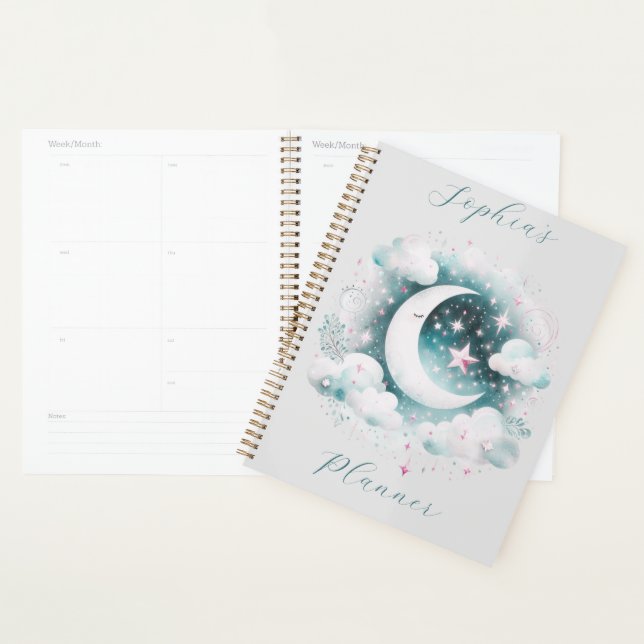 Agenda Lua Crescente Pastel Nuvens Celestiais Personaliza (Exibição)