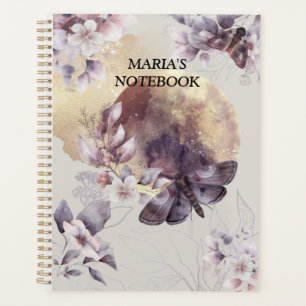 Agenda Lua Floral Gato Borboletas aquarela púrpura
