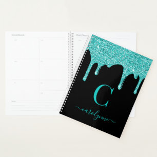 Agenda Luminária Chic Black Teal Glitter Derrubando Luxo