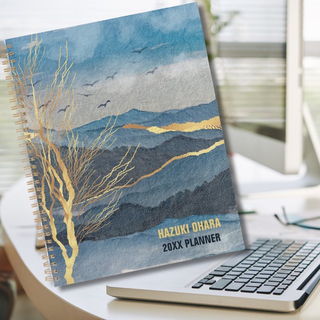 Agenda Luxe Blue Dourado Watercolor Mountain (Criador carregado)