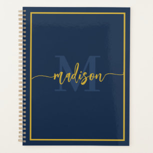 Agenda Luxo Azul Marinho Dourado Monograma Nome em Letra