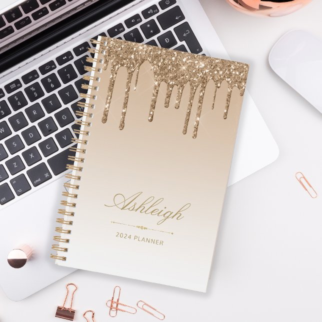 Agenda Luxo Chic Brilho Drips Dourado 2024 (Criador carregado)